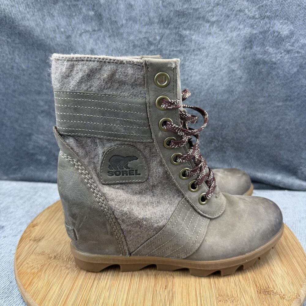 Sorel Boots Womens Size 7.5 Gray Leather Wedge Lace Up Ankle Booties NL3778-297